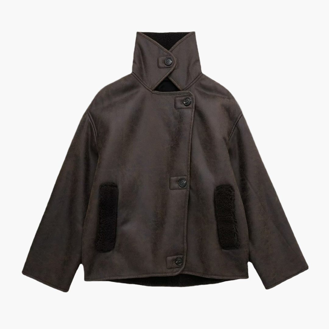 Women’s Shearling-Lined Faux Leather Jacket – Oversized Collar Short Coat