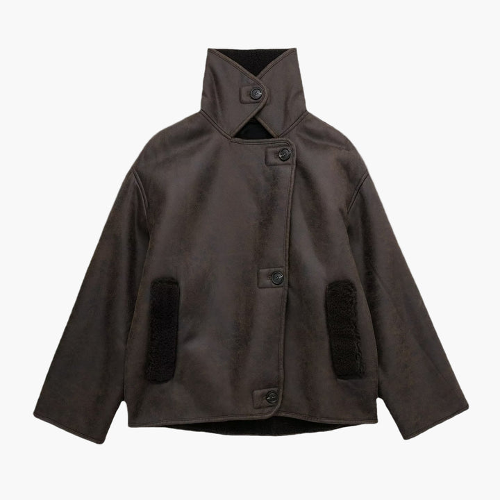 Women’s Shearling-Lined Faux Leather Jacket – Oversized Collar Short Coat