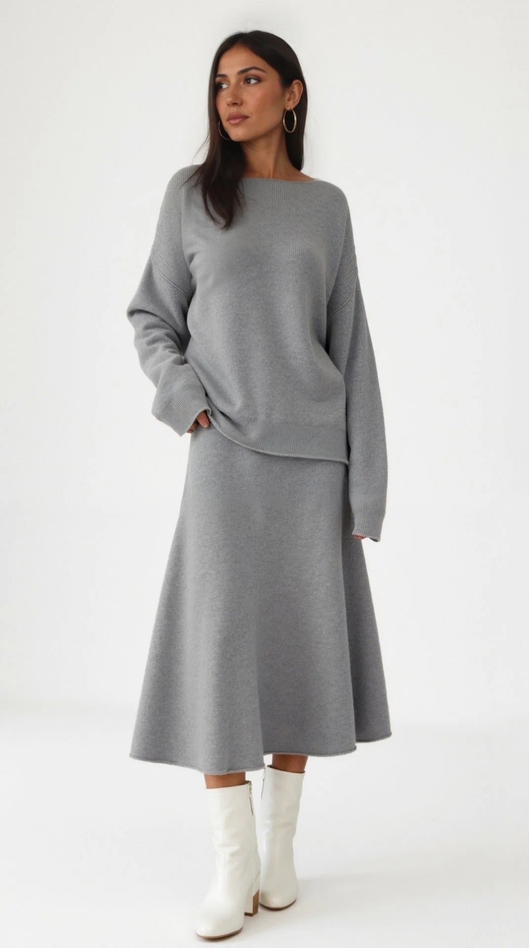 Women’s Seraphine Knit Two-Piece Midi Set – Relaxed Sweater & A-Line Skirt