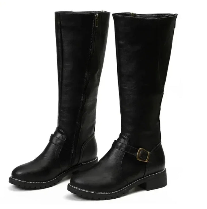 Women’s Classic Knee-High Riding Boots – Chic Buckle Strap Low-Heel Design