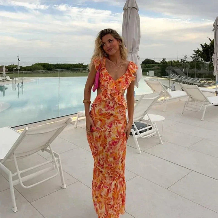 Women's Ruffle V-Neck Midi Dress