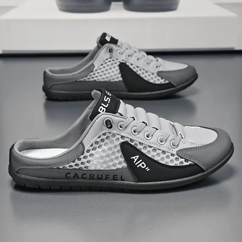 Men's Backless Lace-Up Half-Shoe Slip-On Sneaker Mules - Gray
