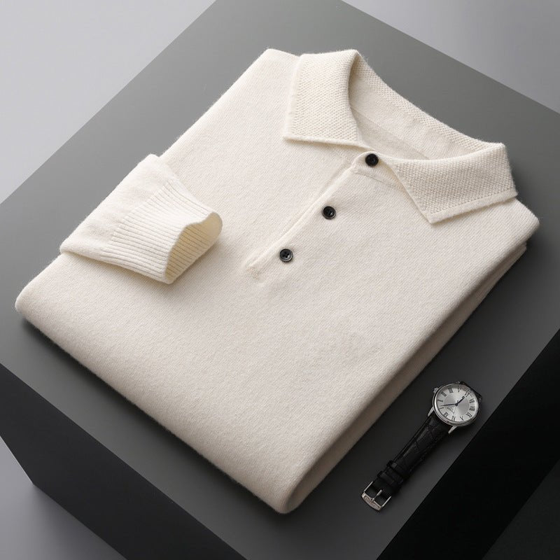 Men's Knit Cotton Long Sleeve Three-Button Polo Sweater - White