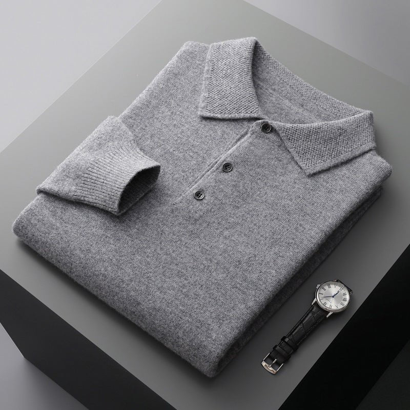 Men's Knit Cotton Long Sleeve Three-Button Polo Sweater - Grey