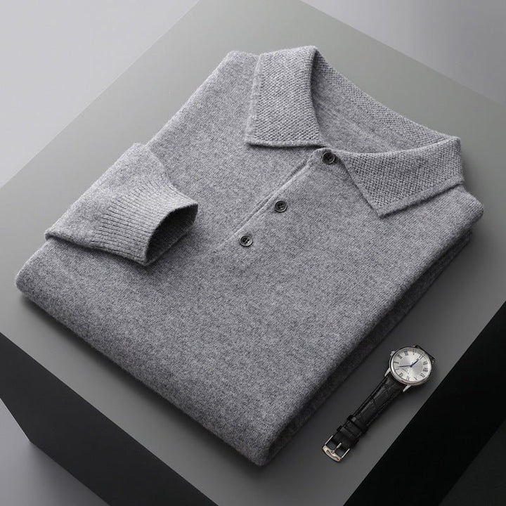 Men's Knit Cotton Long Sleeve Three-Button Polo Sweater - Grey