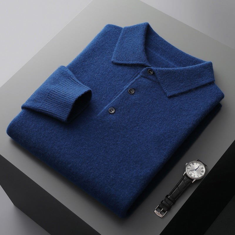 Men's Knit Cotton Long Sleeve Three-Button Polo Sweater - Royal Blue