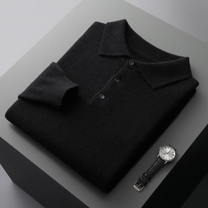Men's Knit Cotton Long Sleeve Three-Button Polo Sweater - Black