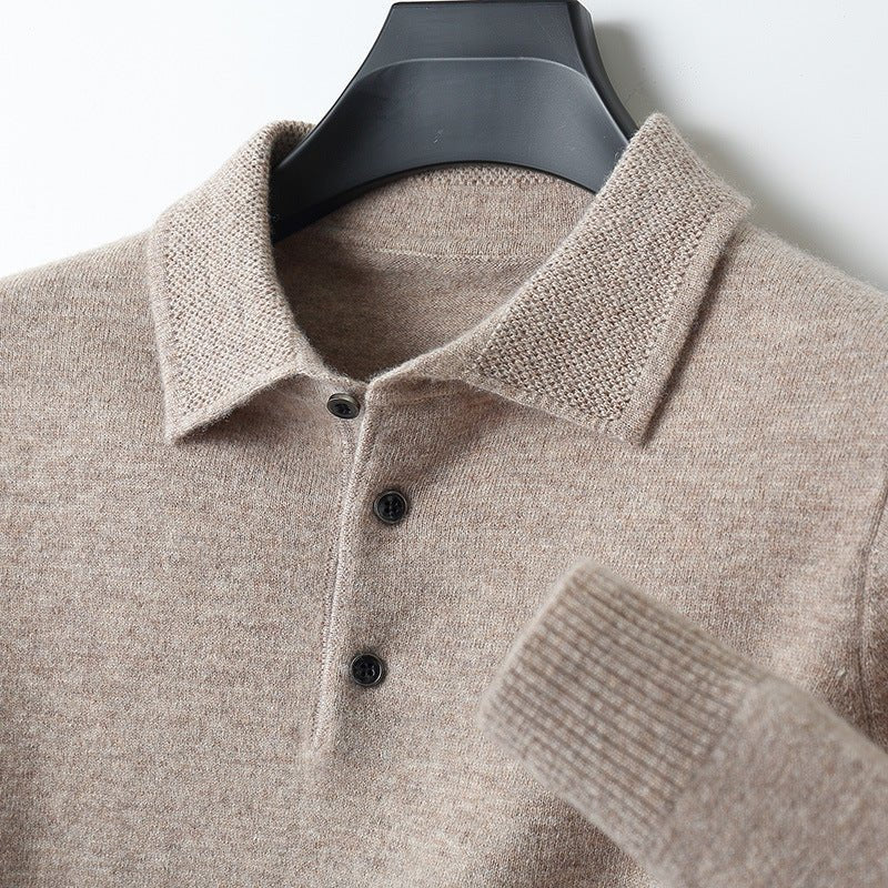 Men's Knit Cotton Long Sleeve Three-Button Polo Sweater - Khaki