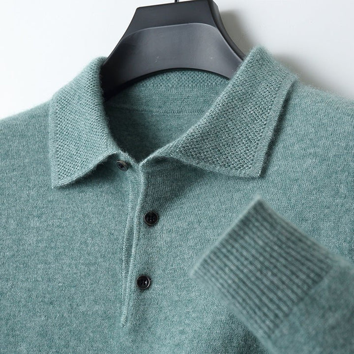 Men's Knit Cotton Long Sleeve Three-Button Polo Sweater - Green