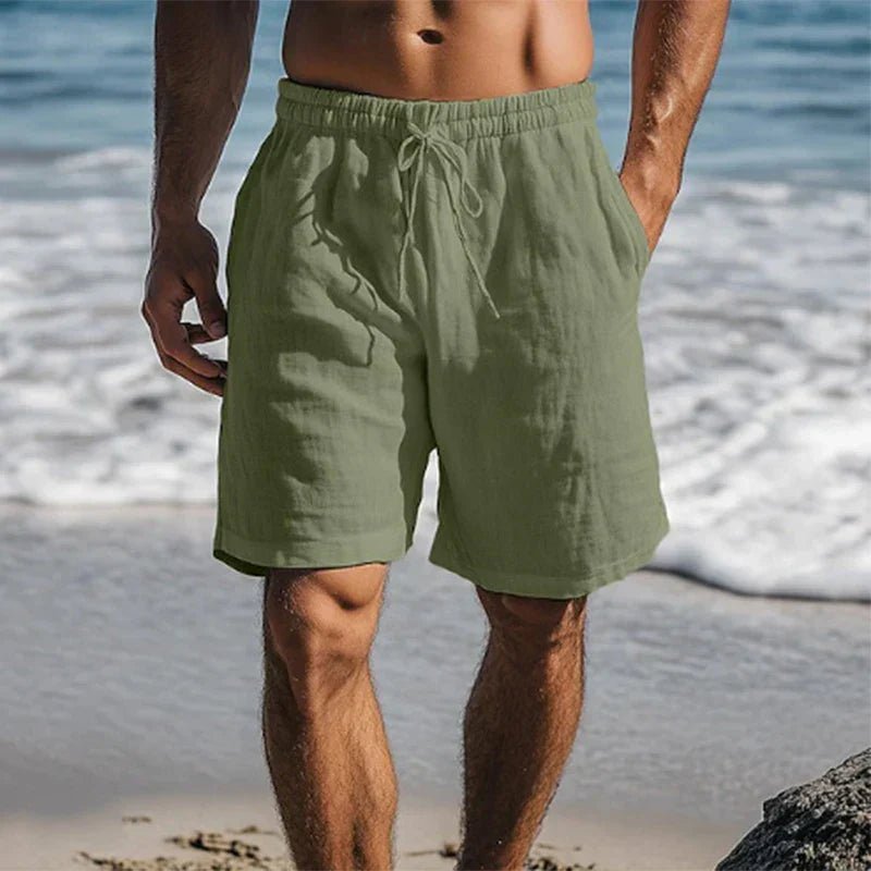 Men's Linen Drawstring Elastic-Waist Mid-Thigh Beach Shorts - Dark Green