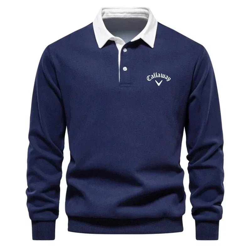 Men's Long-Sleeve Cotton-Blend Contrast Collar Golf Polo Sweater - Navy Blue