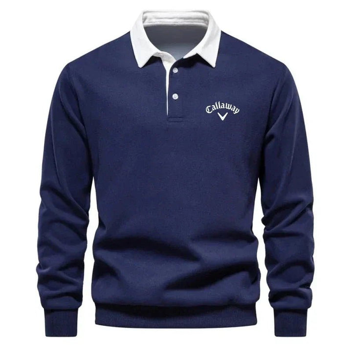 Men's Long-Sleeve Cotton-Blend Contrast Collar Golf Polo Sweater - Navy Blue