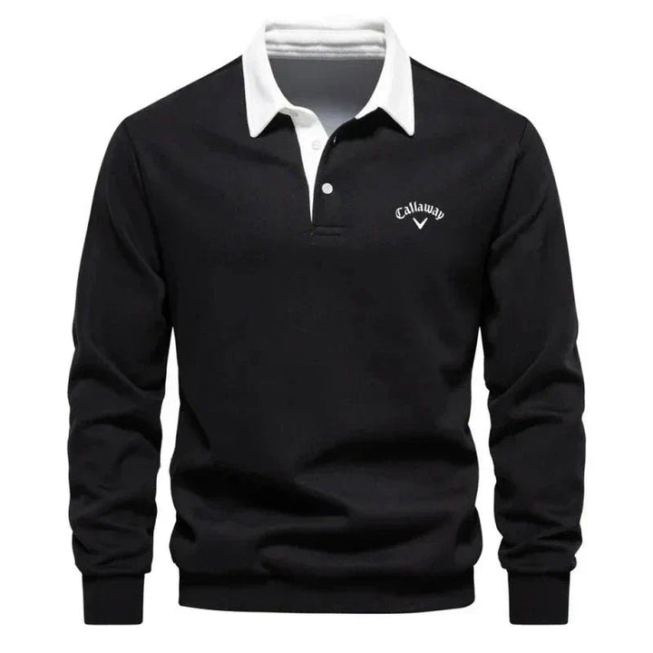 Men's Long-Sleeve Cotton-Blend Contrast Collar Golf Polo Sweater - Black