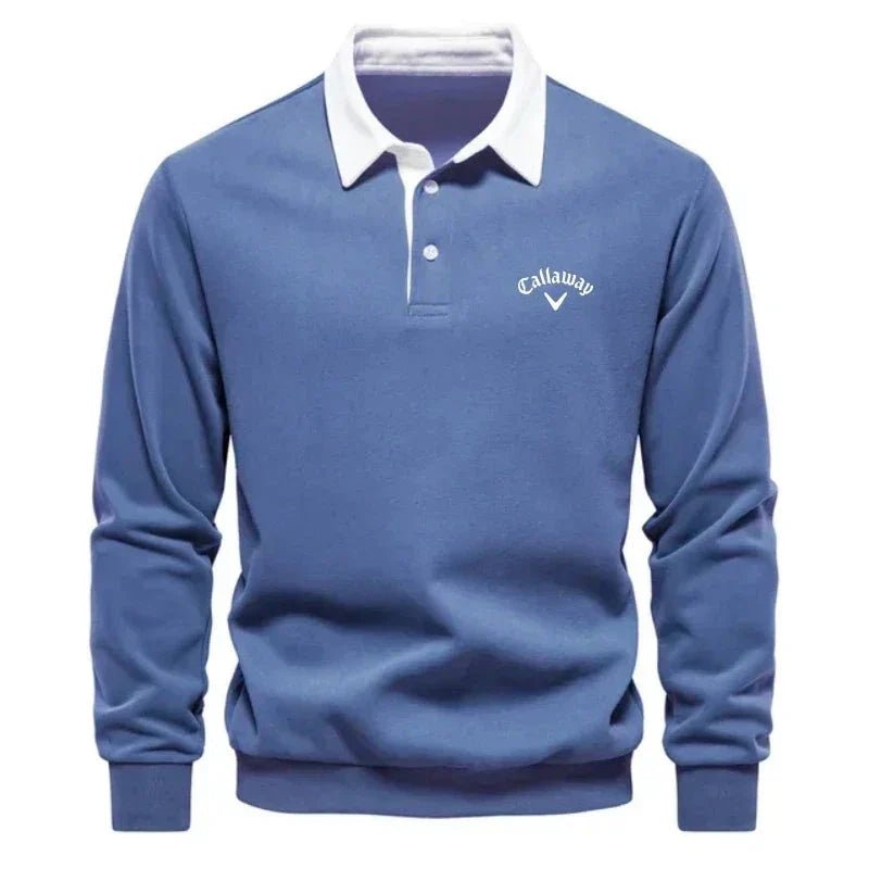 Men's Long-Sleeve Cotton-Blend Contrast Collar Golf Polo Sweater - Blue