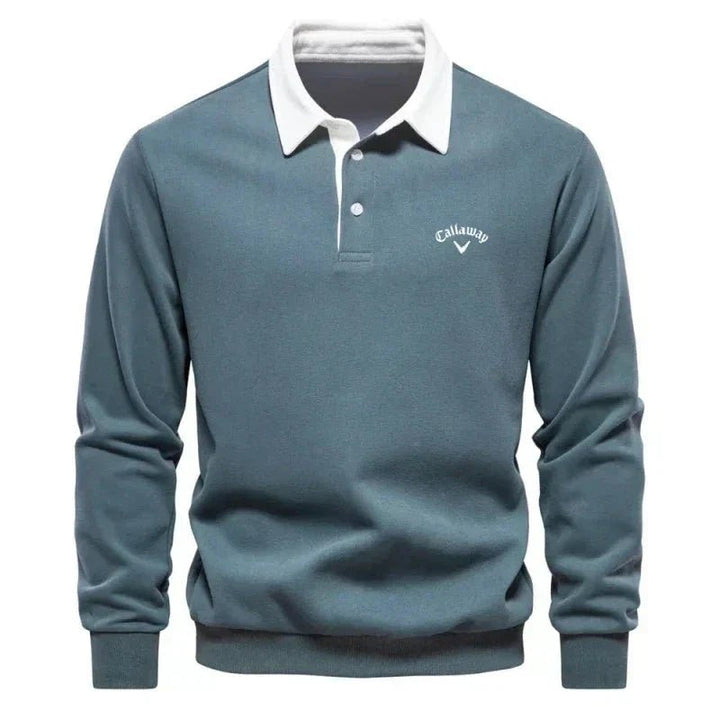 Men's Long-Sleeve Cotton-Blend Contrast Collar Golf Polo Sweater - Green