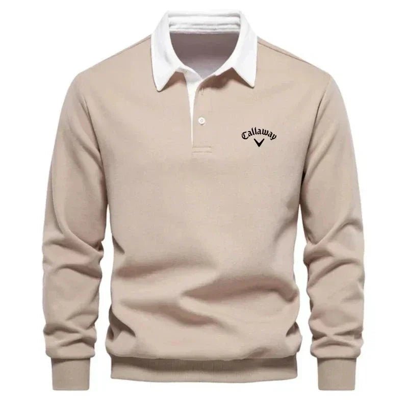 Men's Long-Sleeve Cotton-Blend Contrast Collar Golf Polo Sweater - Beige