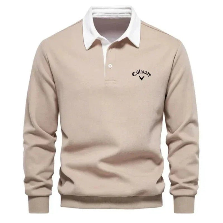Men's Long-Sleeve Cotton-Blend Contrast Collar Golf Polo Sweater - Beige