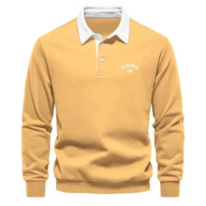 Men's Long-Sleeve Cotton-Blend Contrast Collar Golf Polo Sweater - Yellow