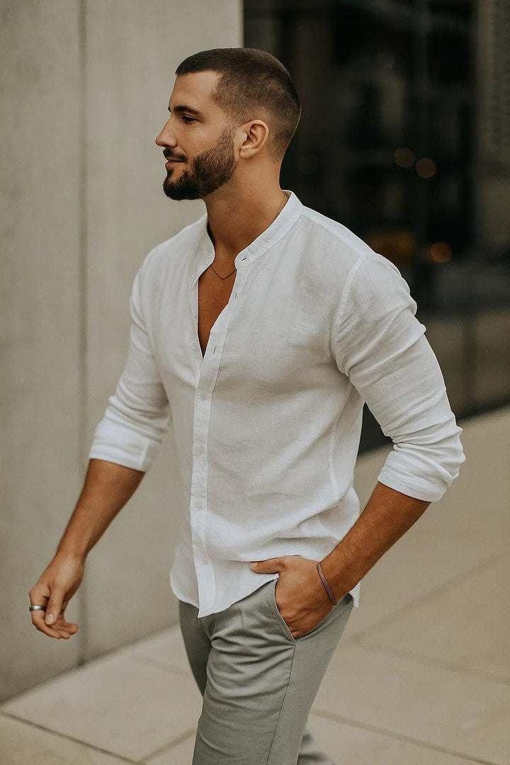 Men's Regular-Fit Band Collar Linen Long Sleeve Button-Up Shirt