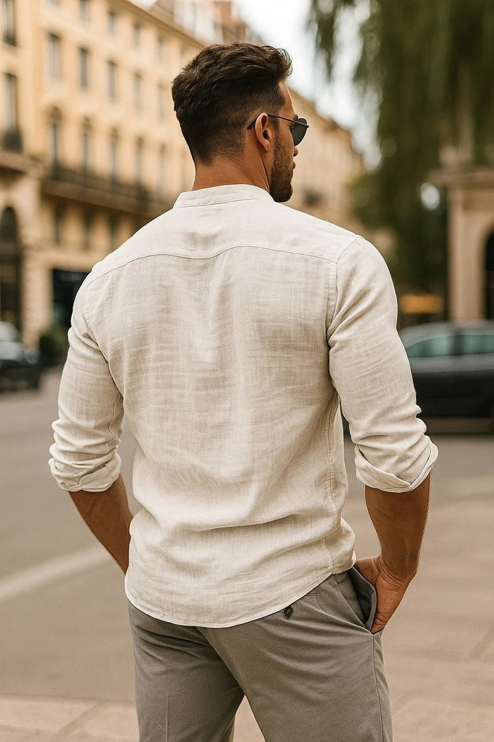 Men's Regular-Fit Band Collar Linen Long Sleeve Button-Up Shirt