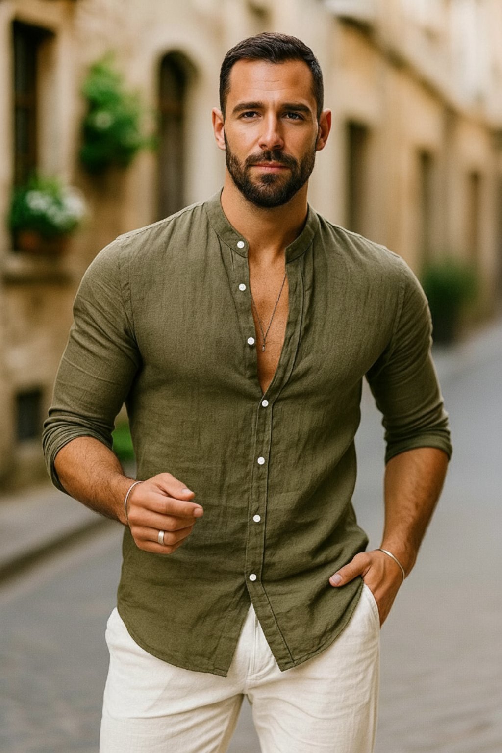 Men's Regular-Fit Band Collar Linen Long Sleeve Button-Up Shirt - Army Green