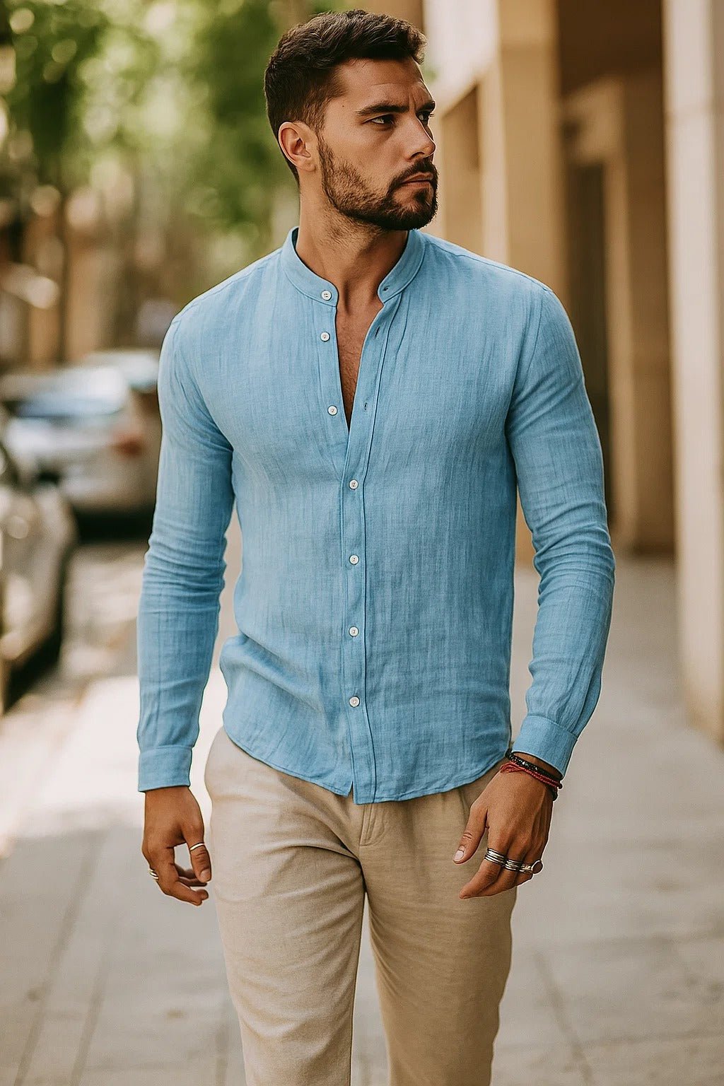 Men's Regular-Fit Band Collar Linen Long Sleeve Button-Up Shirt - Light Blue