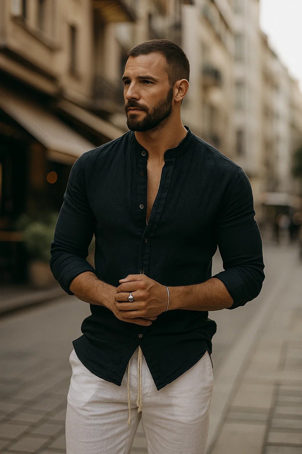 Men's Regular-Fit Band Collar Linen Long Sleeve Button-Up Shirt - Black