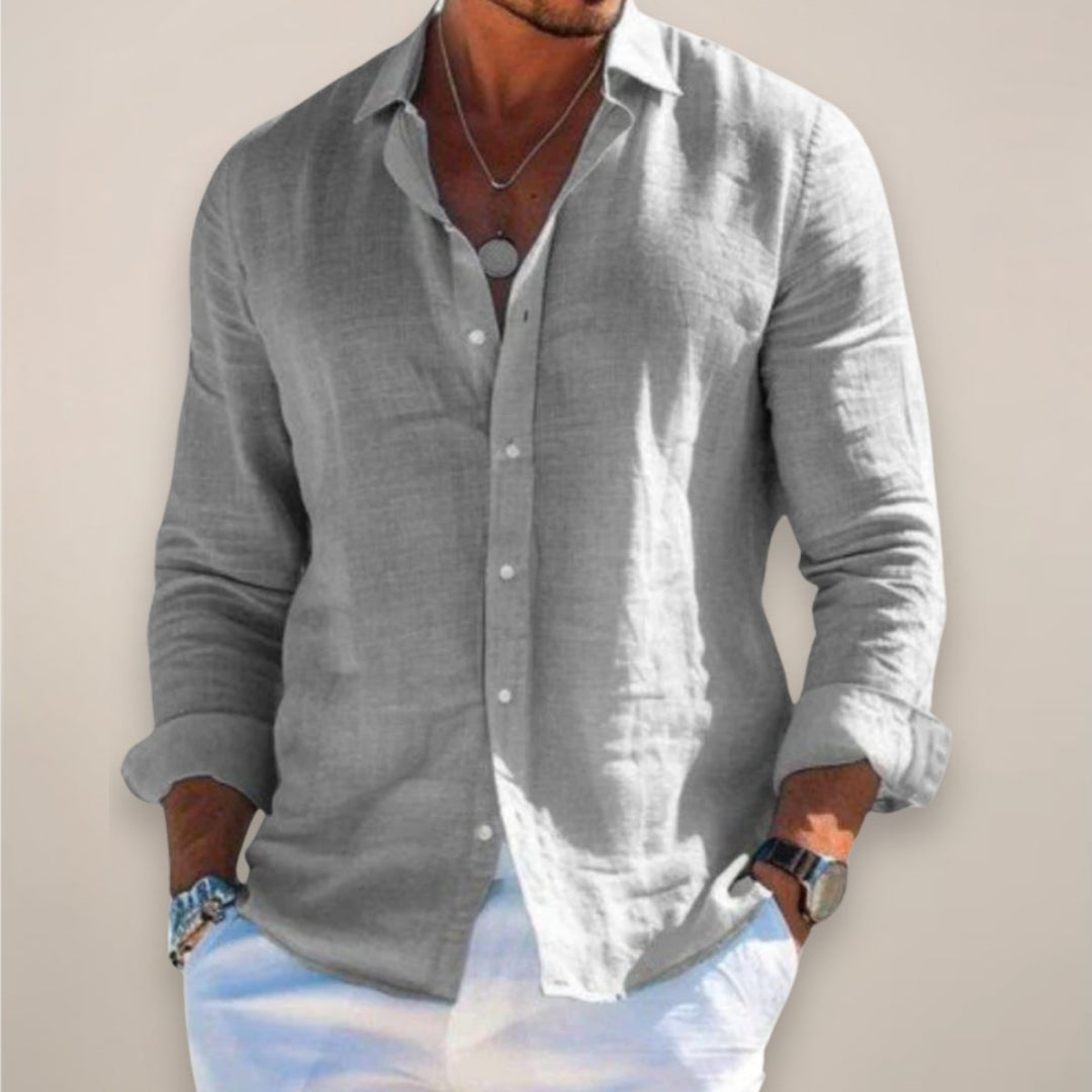 Men's Regular-Fit Long-Sleeve Linen Button-Up Shirt - Grey