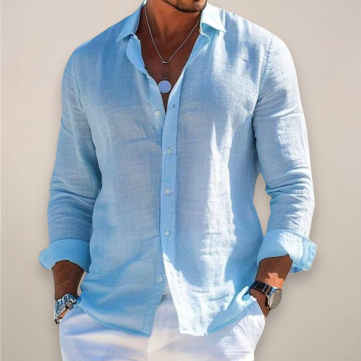 Men's Regular-Fit Long-Sleeve Linen Button-Up Shirt - Blue