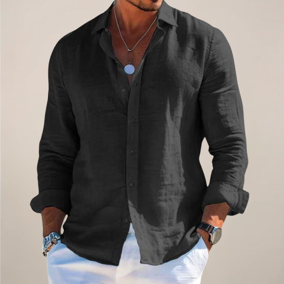Men's Regular-Fit Long-Sleeve Linen Button-Up Shirt - Black