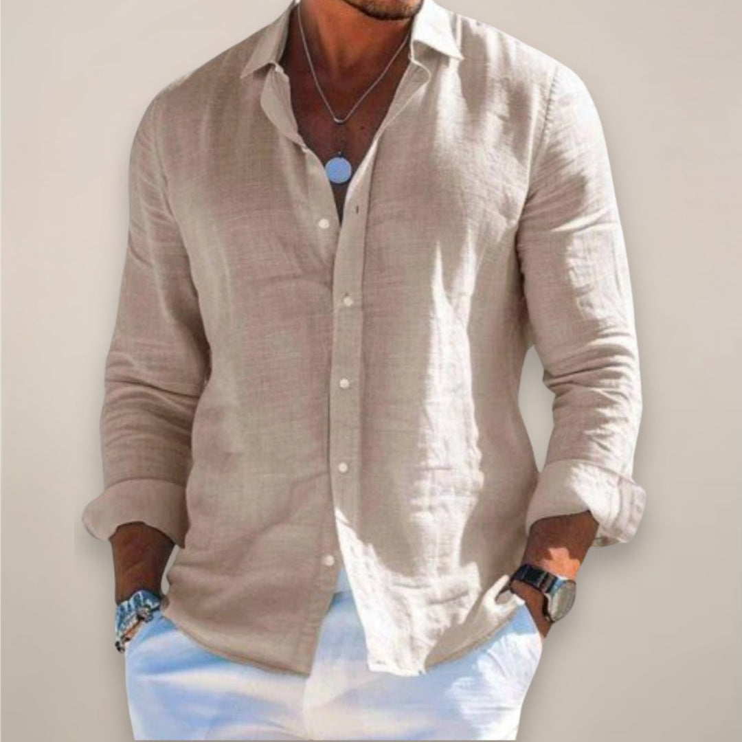 Men's Regular-Fit Long-Sleeve Linen Button-Up Shirt - Khaki