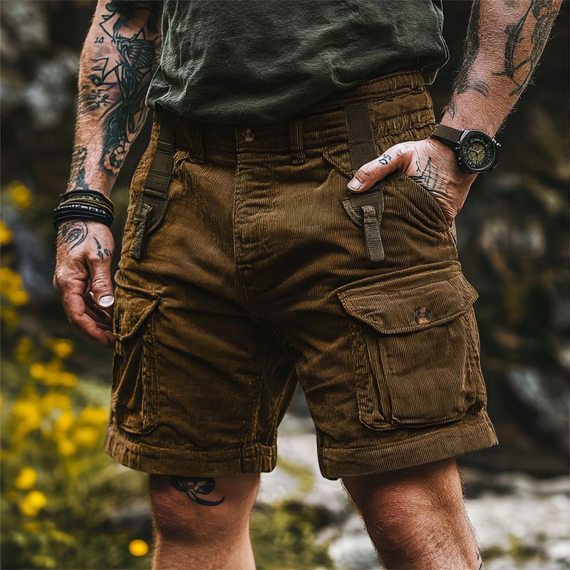 Men's Relaxed-Fit Corduroy Cargo Shorts Knee-Length Multi-Pocket - Brown