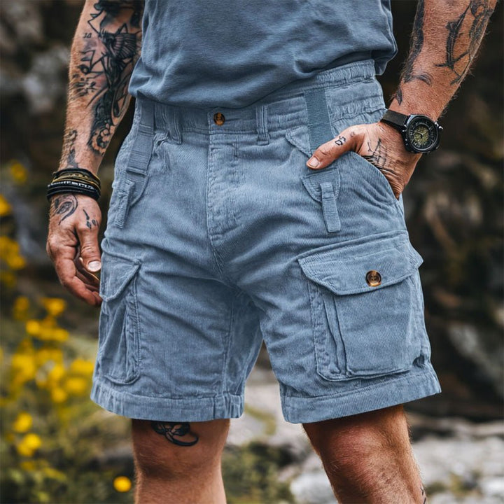 Men's Relaxed-Fit Corduroy Cargo Shorts Knee-Length Multi-Pocket - Blue