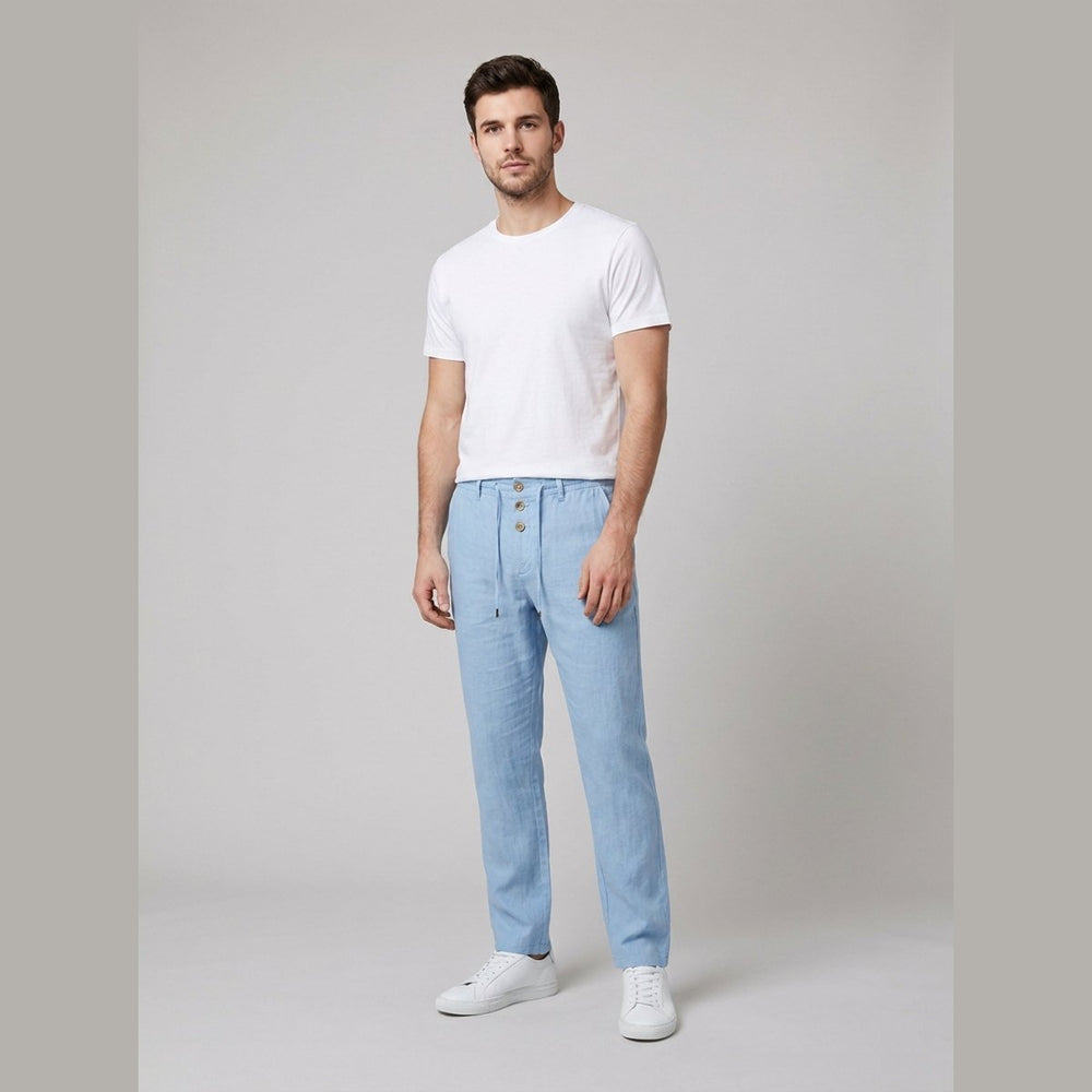 Men's Relaxed-Fit Drawstring Linen Pants - Light Blue