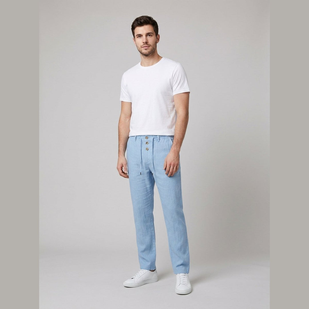 Men's Relaxed-Fit Drawstring Linen Pants - Light Blue