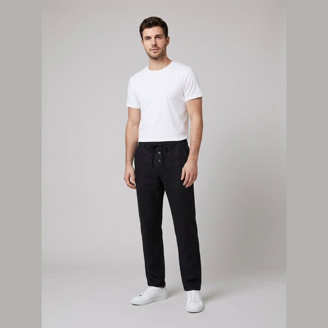 Men's Relaxed-Fit Drawstring Linen Pants - Black