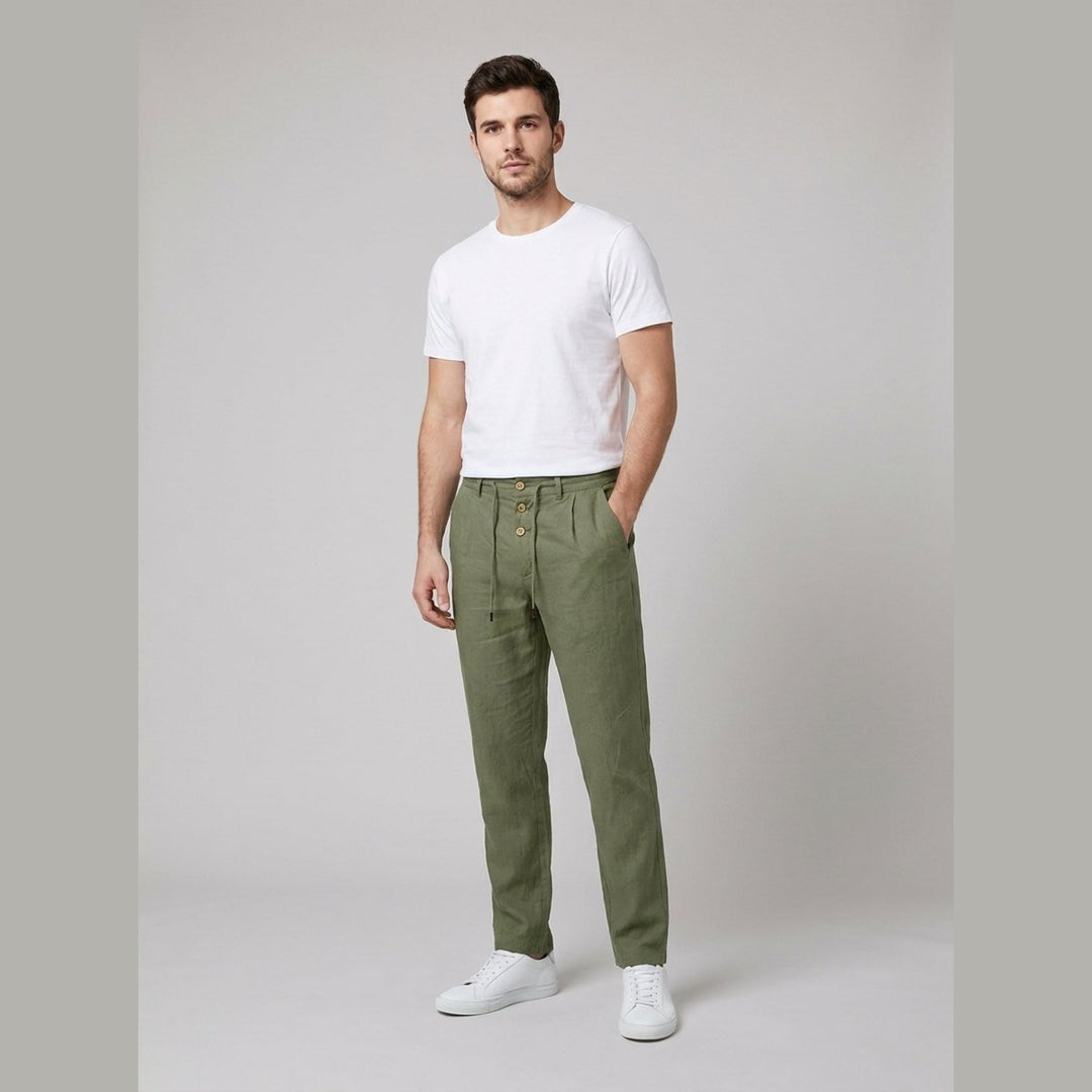 Men's Relaxed-Fit Drawstring Linen Pants - Army Green