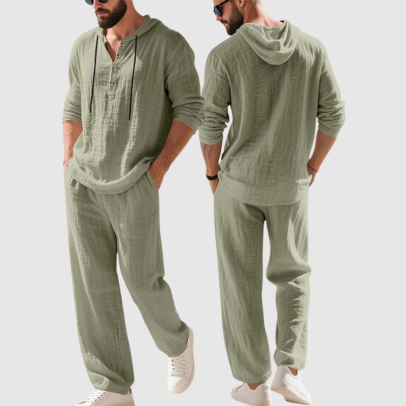 Men's Relaxed-Fit Hooded Henley Linen Two-Piece Set
