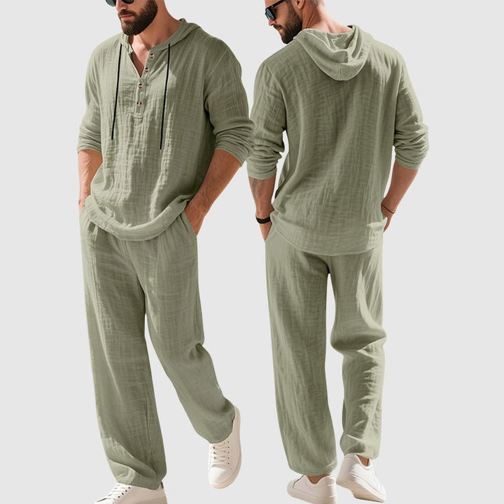 Men's Relaxed-Fit Hooded Henley Linen Two-Piece Set