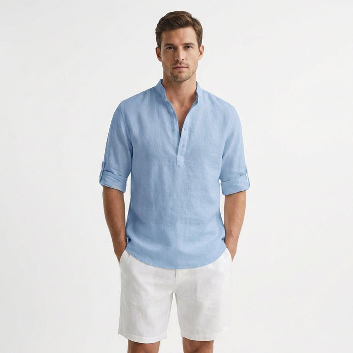 Men's Relaxed-Fit Linen Henley Mao-Collar Long-Sleeve Shirt - Azul Claro