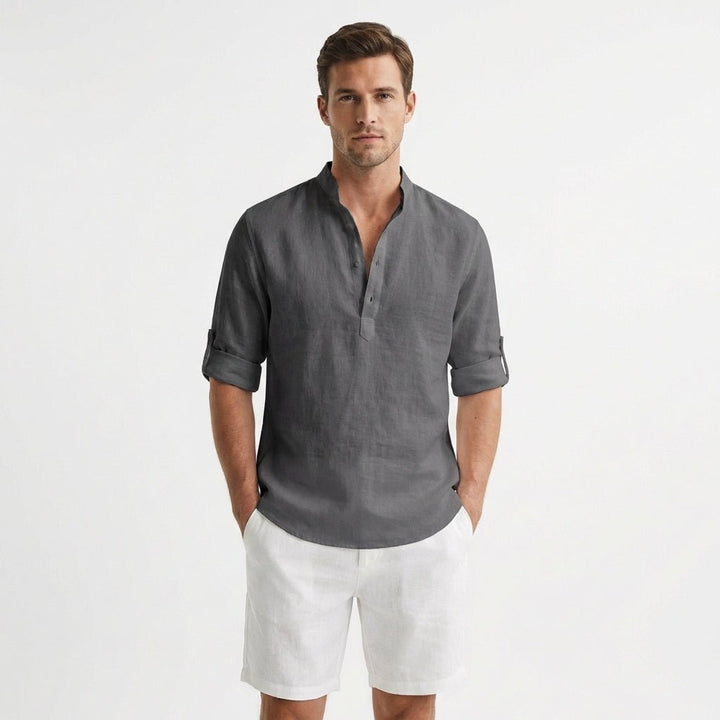 Men's Relaxed-Fit Linen Henley Mao-Collar Long-Sleeve Shirt - Gris