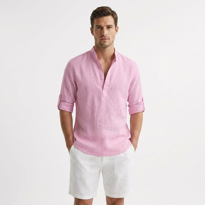 Men's Relaxed-Fit Linen Henley Mao-Collar Long-Sleeve Shirt - Rosa