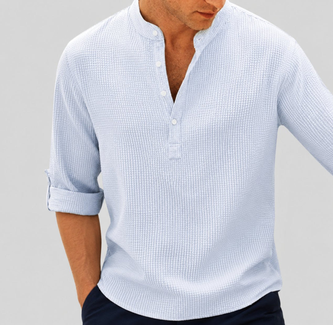 Men's Relaxed-Fit Long-Sleeve Henley Collar Waffle Shirt - Blau