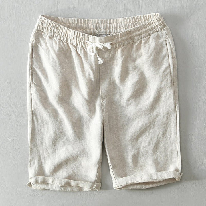 Men's Relaxed-Fit Mid-Rise Drawstring Linen Shorts - Beige
