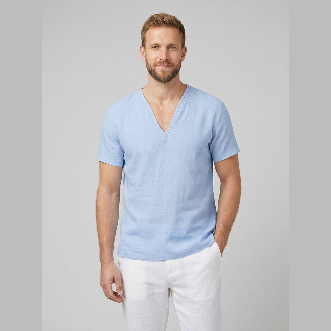 Men's Relaxed-Fit V-Neck Short-Sleeve Linen T-Shirt - Blue