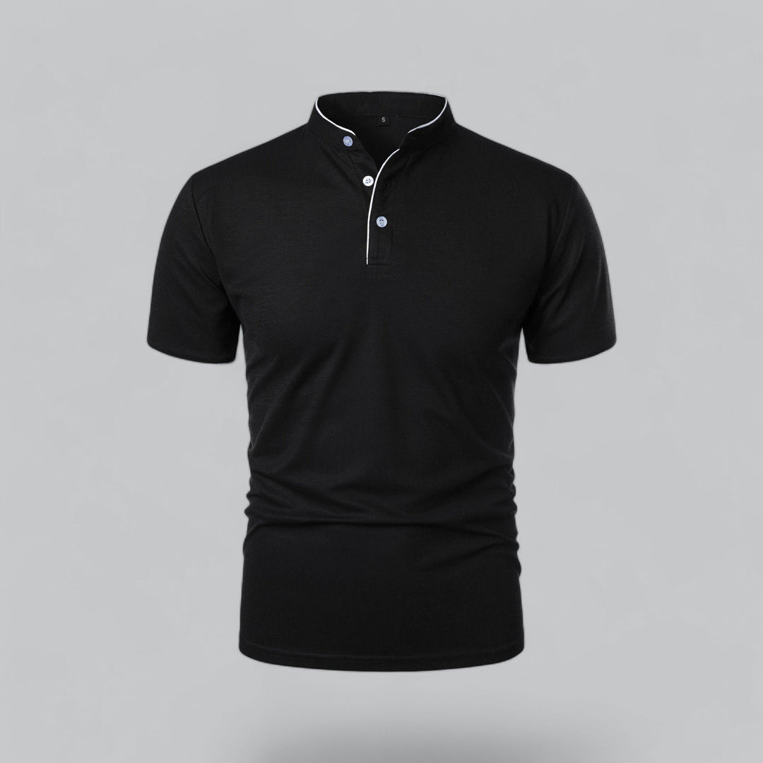 Men's Short-Sleeve Mandarin Collar Cotton Polo Shirt - Black
