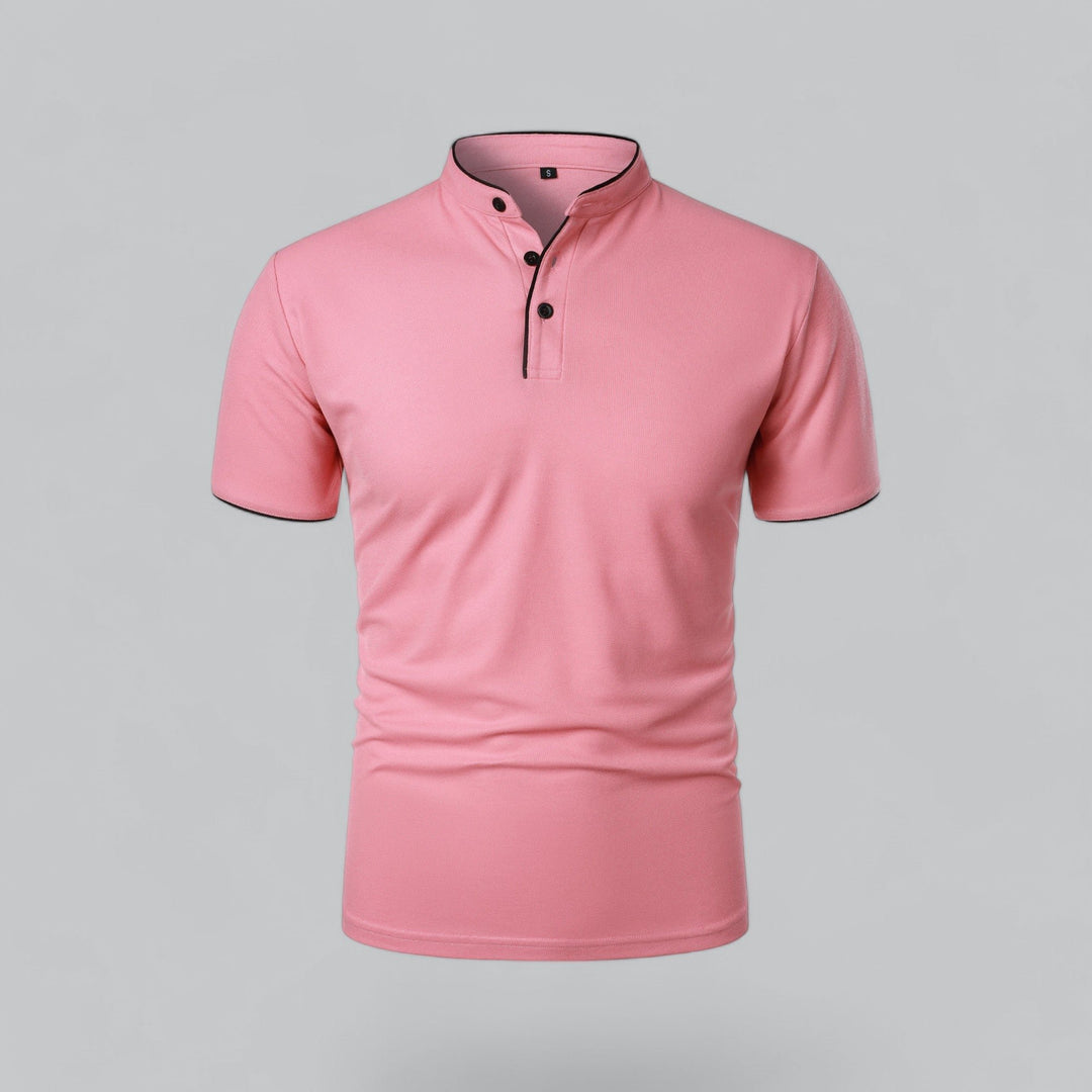 Men's Short-Sleeve Mandarin Collar Cotton Polo Shirt - Pink