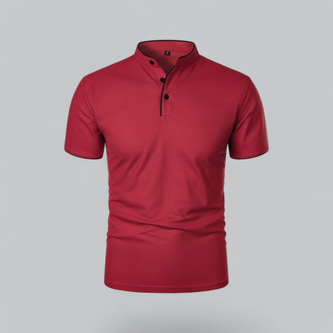 Men's Short-Sleeve Mandarin Collar Cotton Polo Shirt - Dark Red