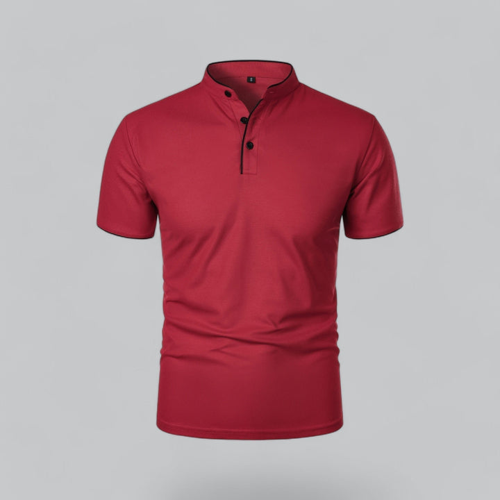 Men's Short-Sleeve Mandarin Collar Cotton Polo Shirt - Dark Red