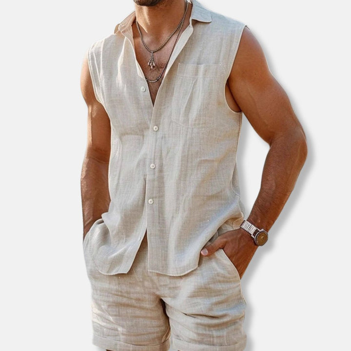 Men's Sleeveless Button-Down Linen-Look Shirt Shorts Set - Off Whte